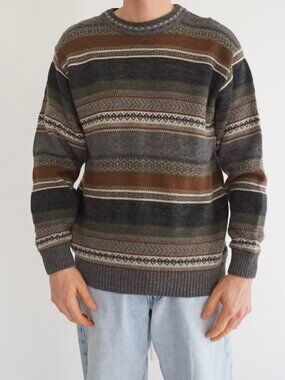 Vintage London Fog Grey Brown Stripe Fair Isle Pattern Knit Crewneck Sweater M